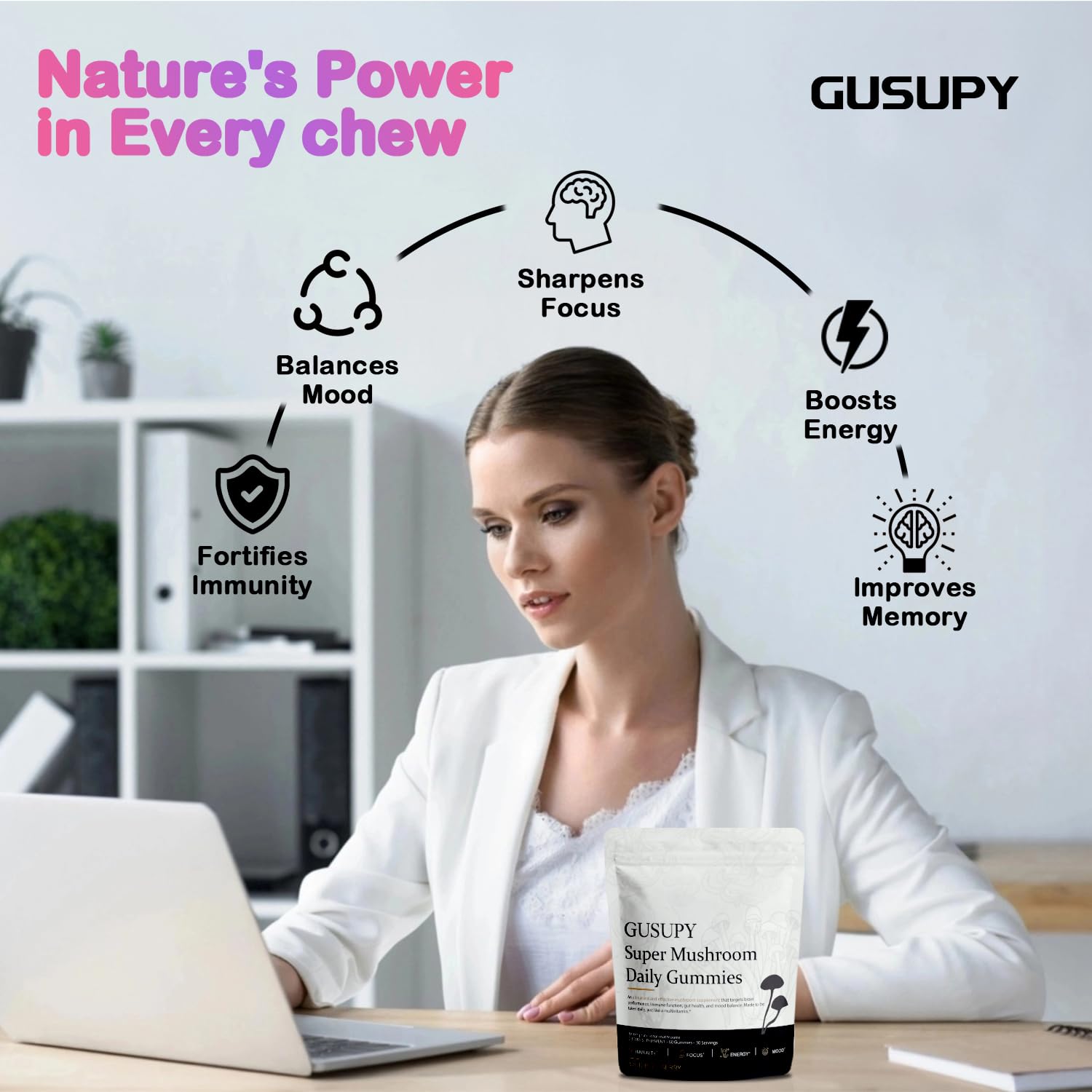 GUSUPY brain wellness visual suggesting focus and energy support.