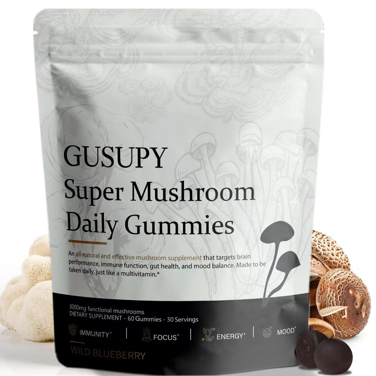 GUSUPY Lions Mane Gummies in bottle for convenient daily brain support.