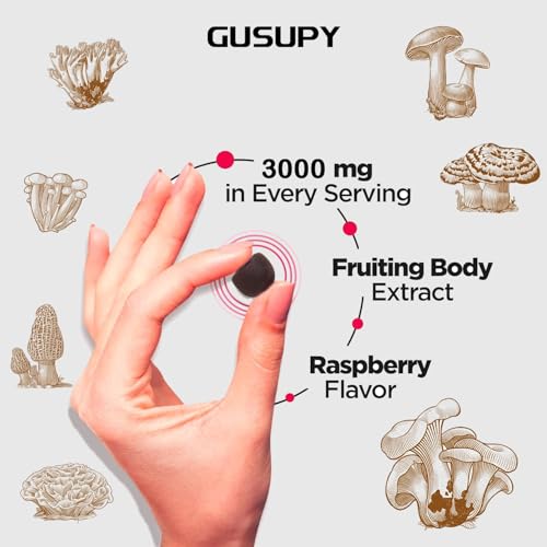 GUSUPY twelve-mushroom blend label highlights diverse adaptogenic ingredients.