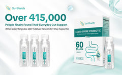 Pouring Gut Shields probiotic bottle for easy daily dosing
