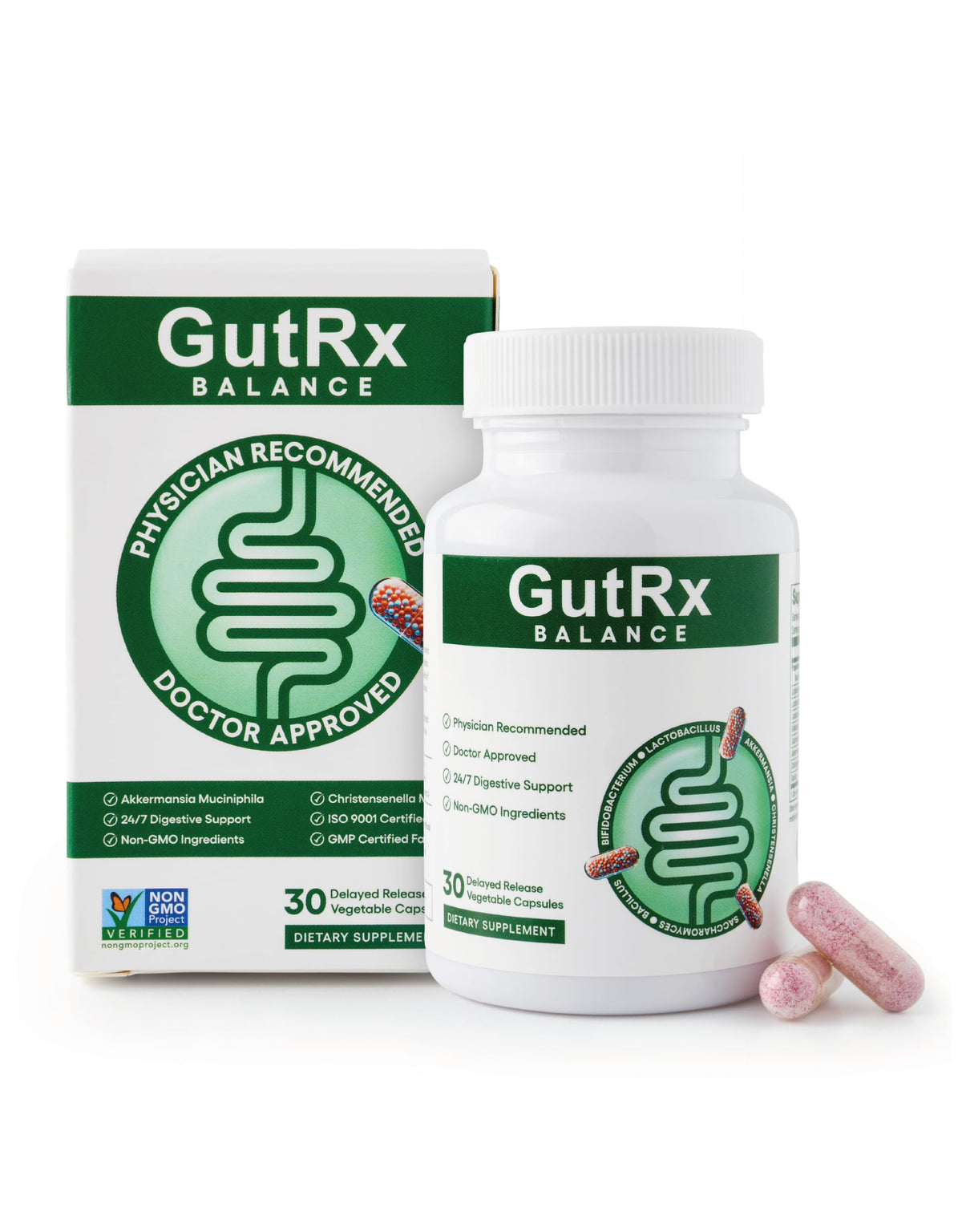GutRx Balance bottle pouring capsules for daily gut support.
