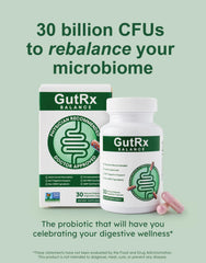 GutRx Balance capsules close-up with delayed-release coating for gut delivery.
