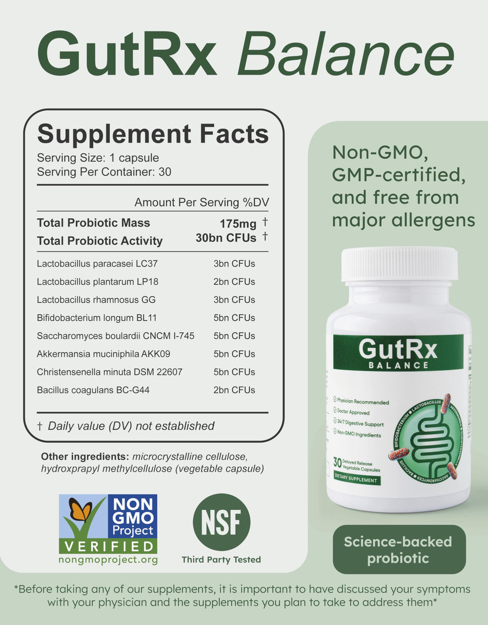 GutRx Balance packaging emphasizes immune-support probiotic blend.
