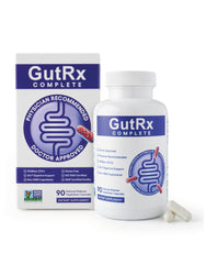 GutRx Complete bottle front view illustrating a probiotic supplement for daily gut support.