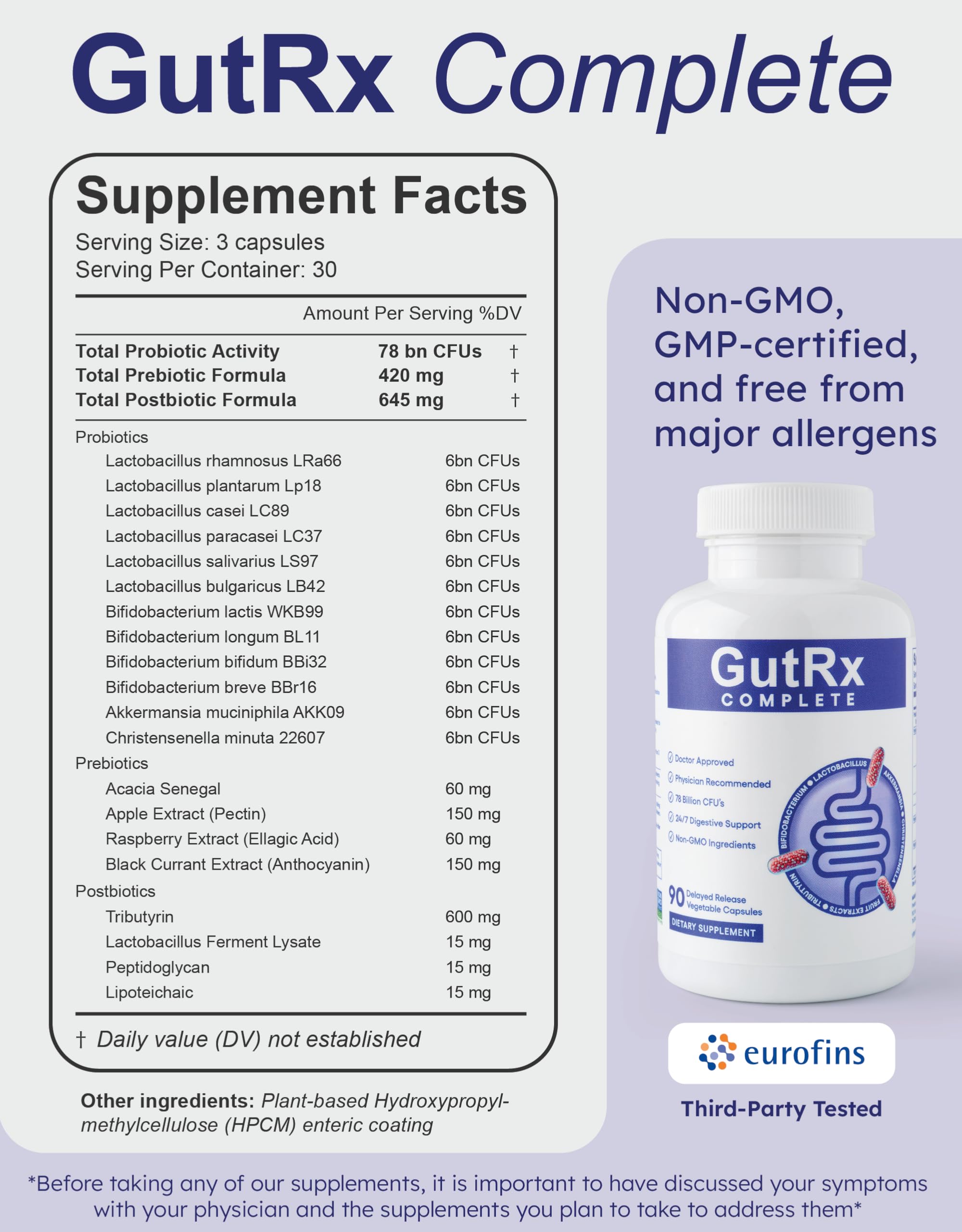 Packaging and interior design of GutRx Complete bottle.