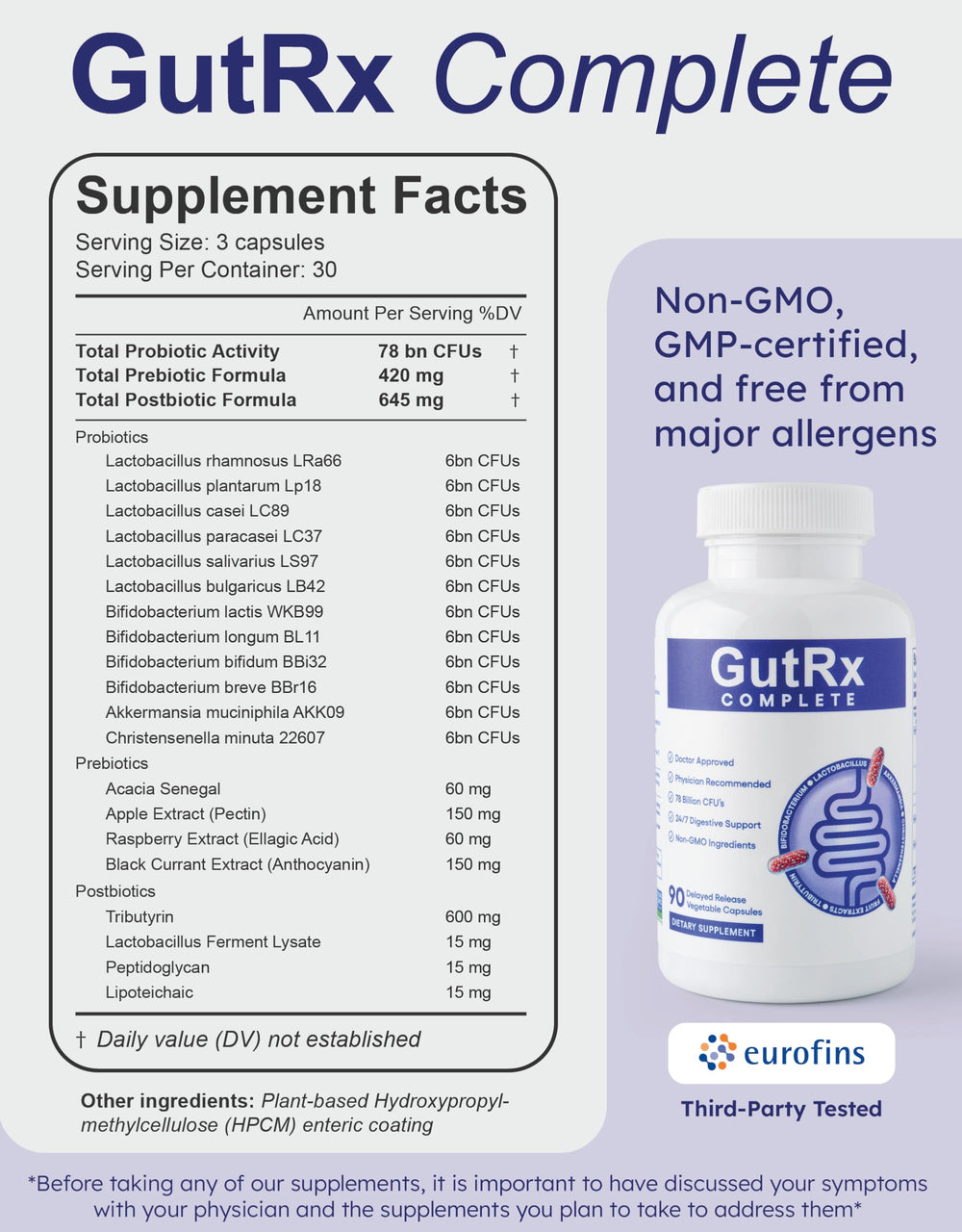 Packaging and interior design of GutRx Complete bottle.
