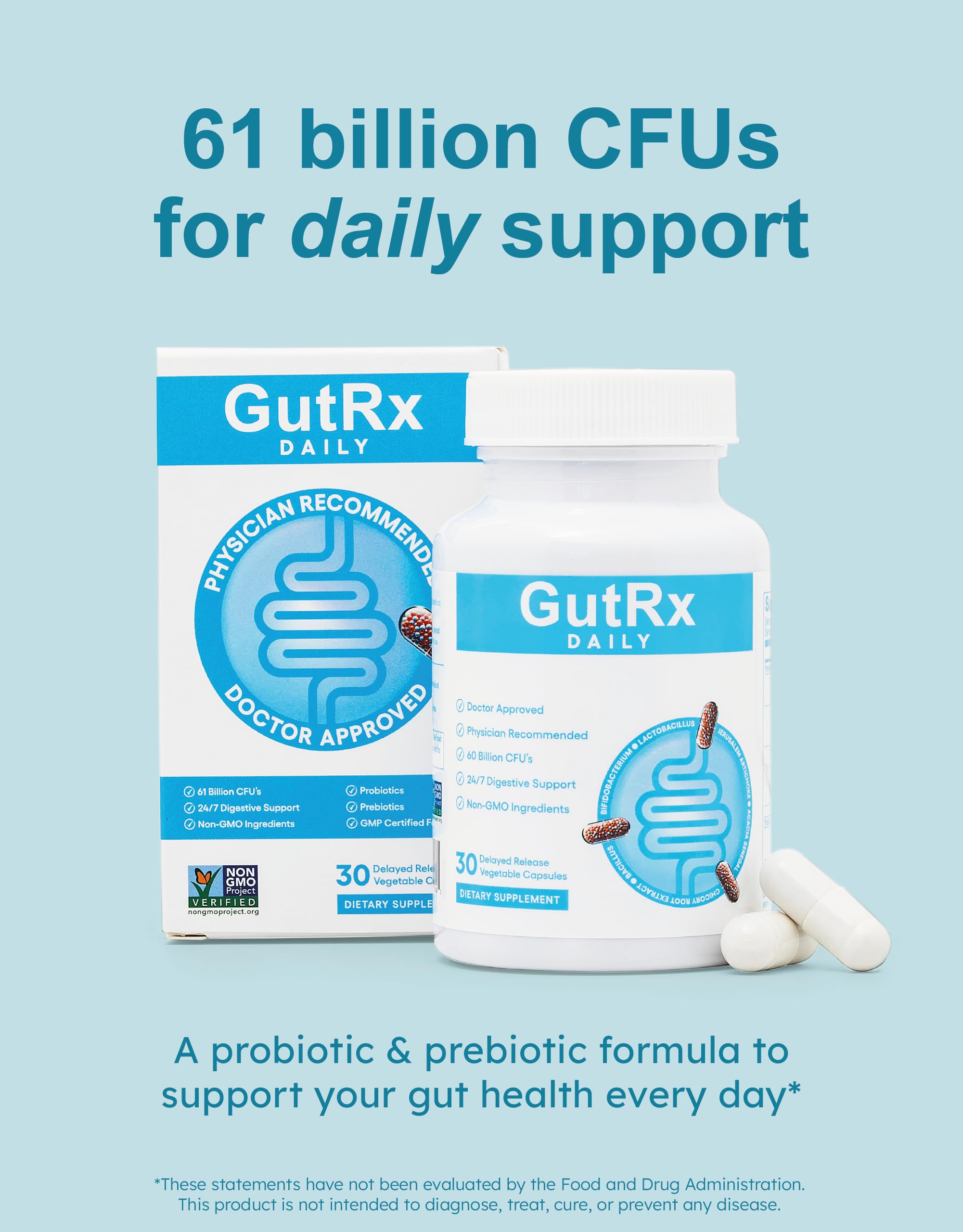 GutRx Daily Probiotics bottle back label highlights 61B CFU and strains for digestive health.