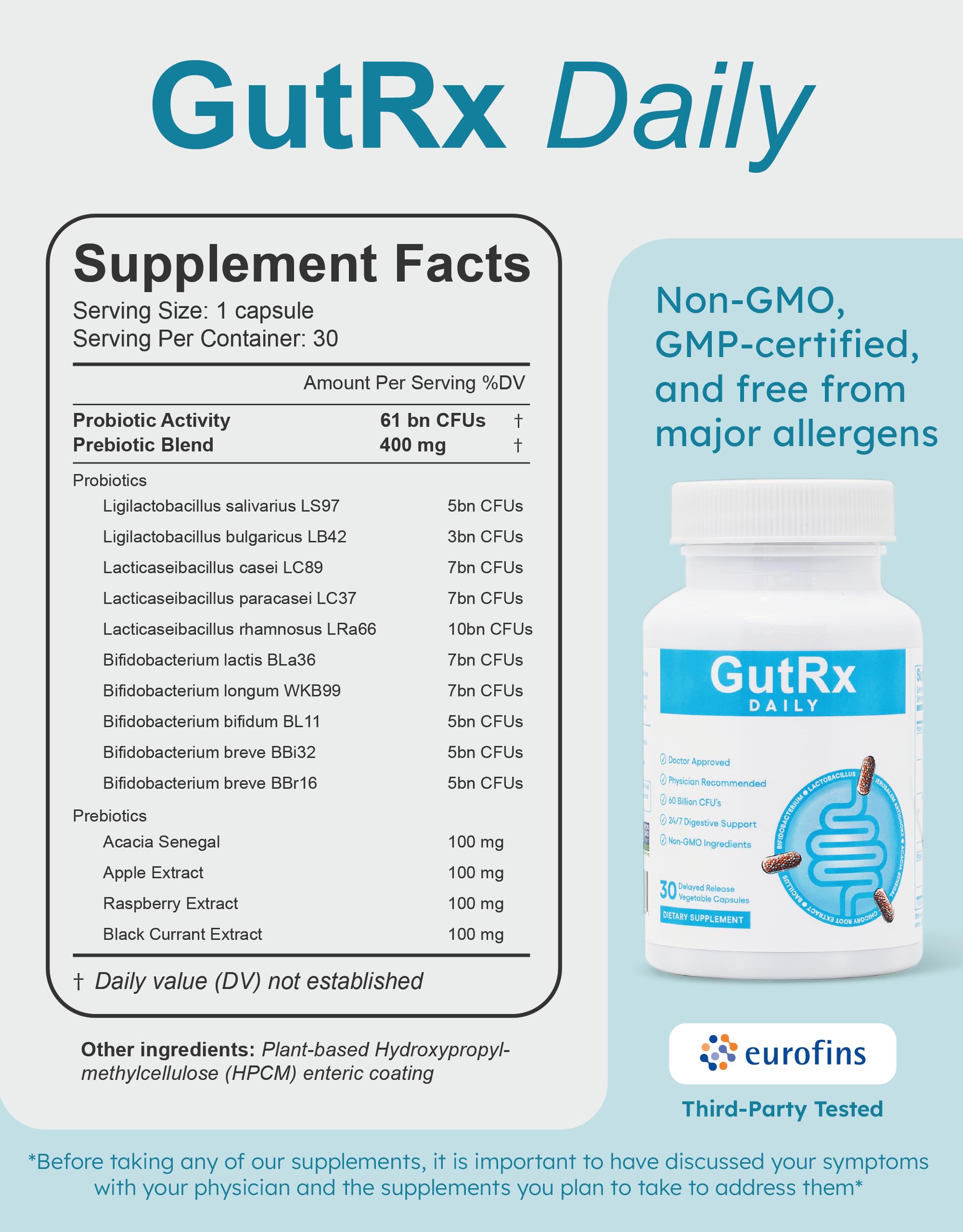 GutRx gluten-free badge on packaging emphasizes allergen-friendly probiotic formula.