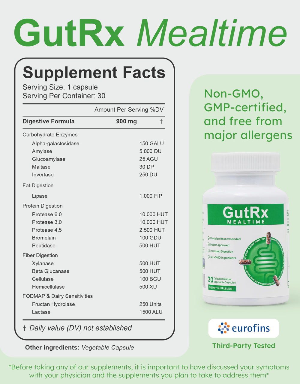 GutRx Mealtime back-label close-up with GMP-certified manufacturing details.