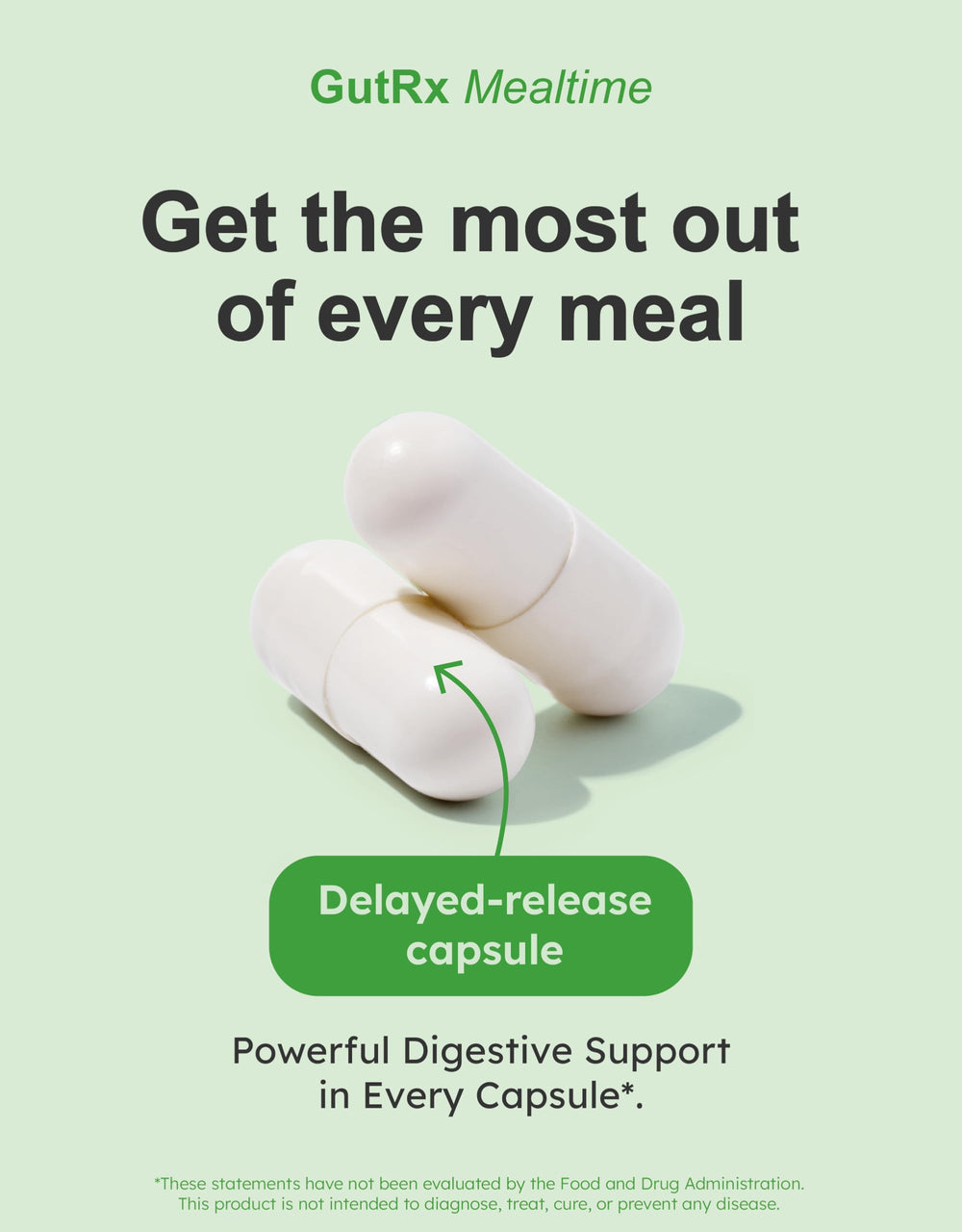 GutRx Mealtime packaging display highlighting vegan and non-GMO credentials.