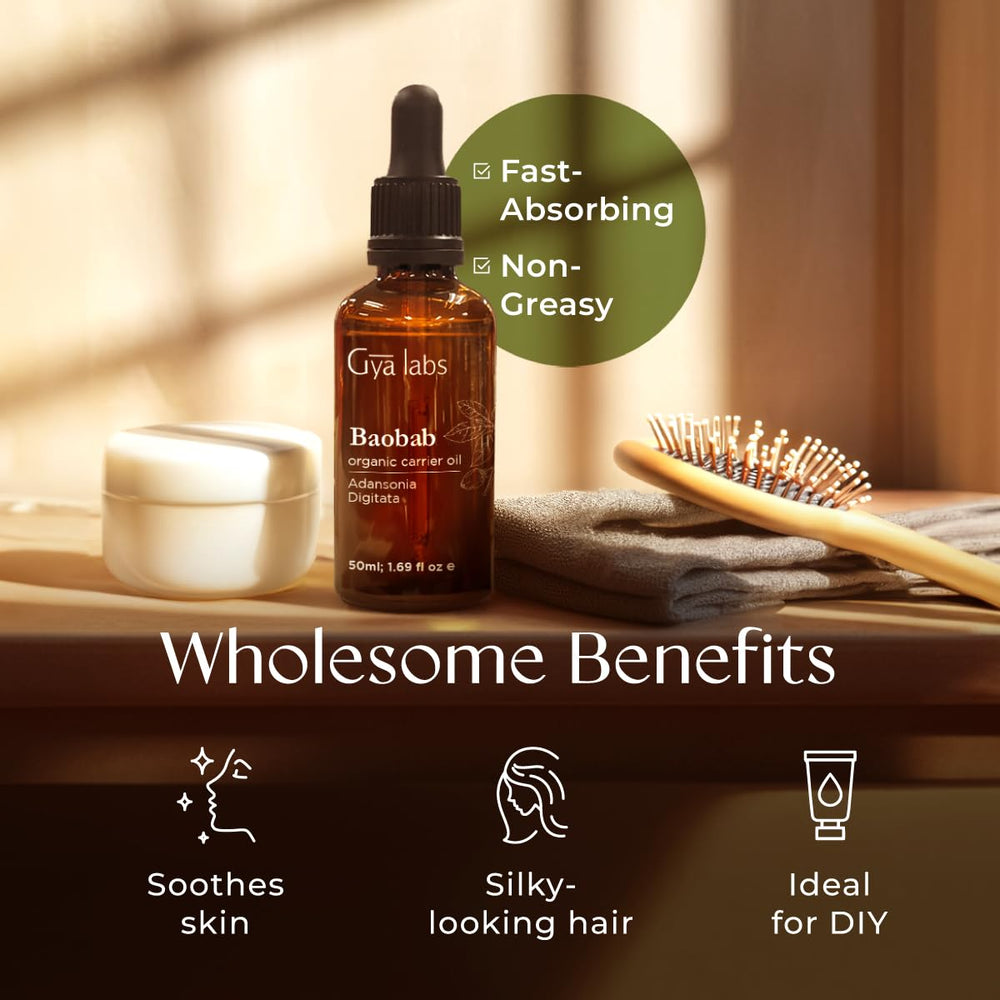 Gya Labs Baobab Oil for hair care and softer-looking strands.