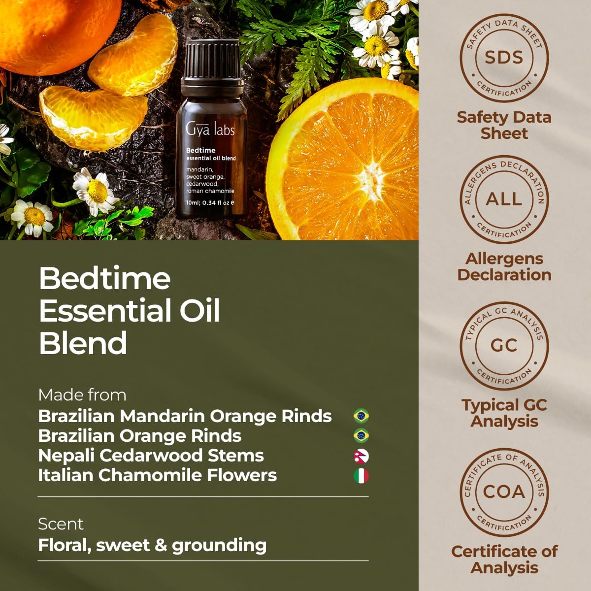 Close-up of Gya Labs Bedtime Blend bottle with botanical notes