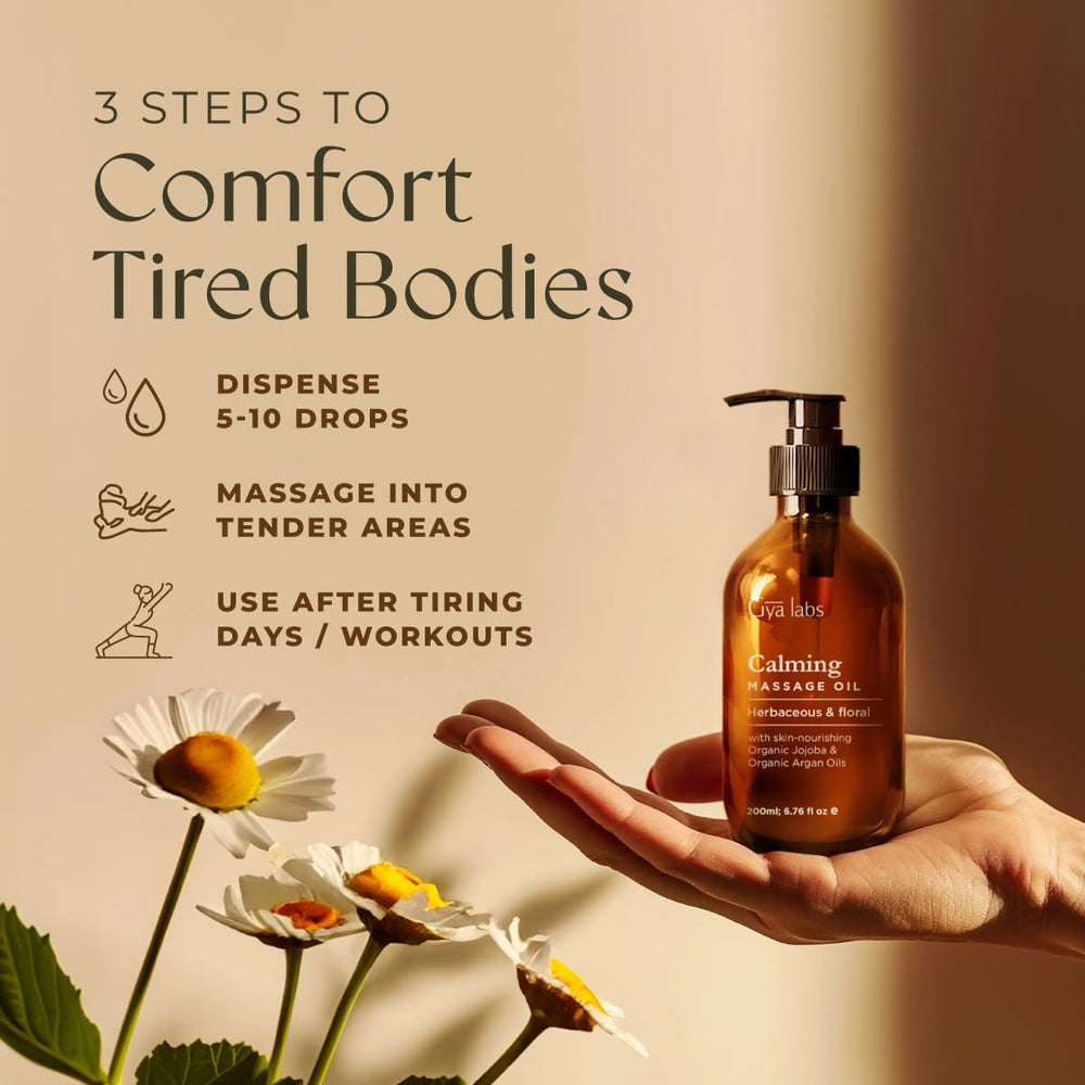 Gya Labs calming massage oil label close-up with natural botanical blend