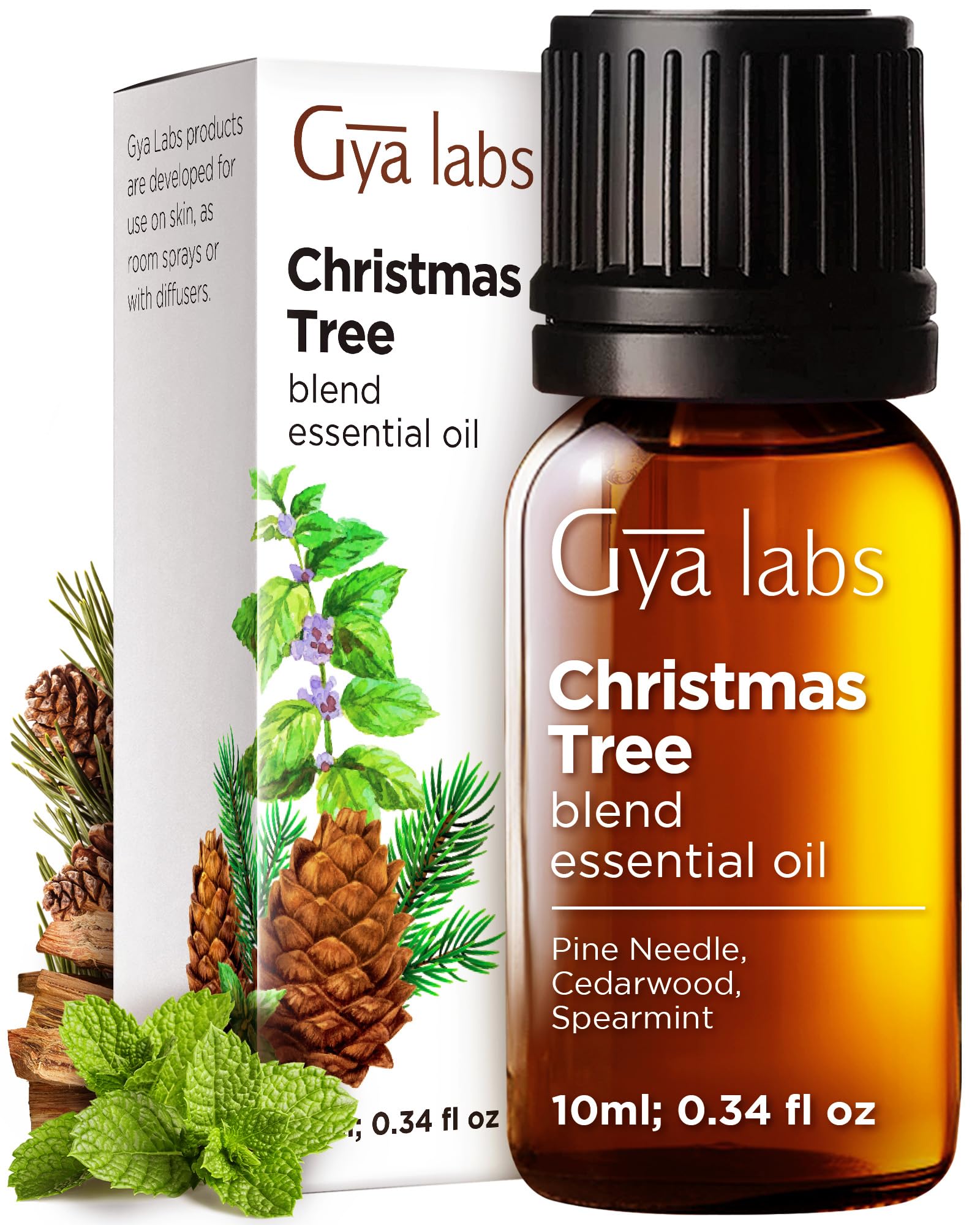 Gya Labs Christmas Tree Oil bottle pour for a fresh, inviting holiday aroma.