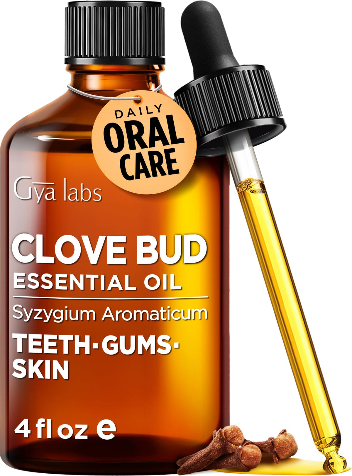 Gya Labs Clove Bud Oil bottle with pure Indonesian clove for aromatherapy and DIY blends.