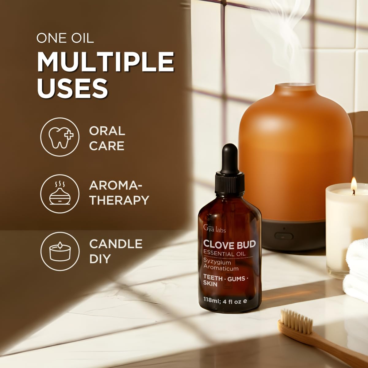 Gya Labs Clove Bud Oil massage blend for tired muscles with carrier oil.