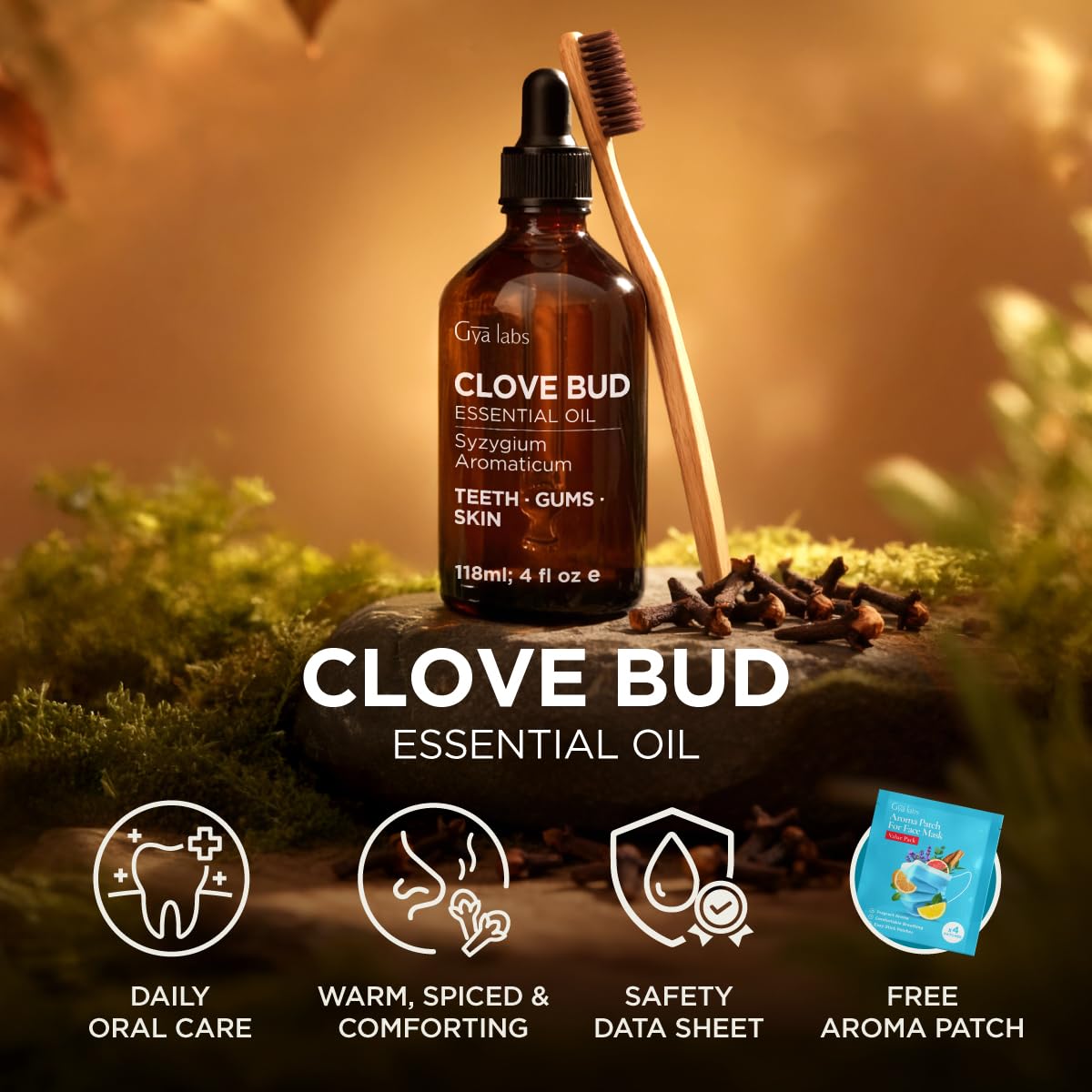Gya Labs Clove Bud Oil packaging indicating quality testing.