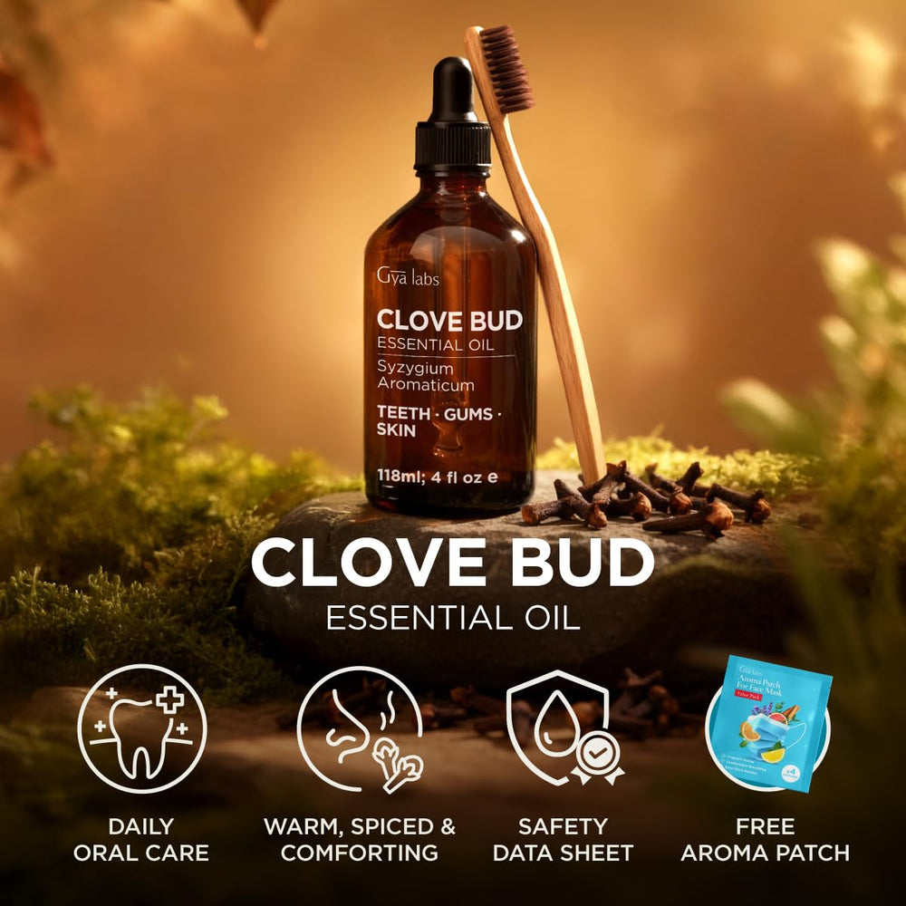 Gya Labs Clove Bud Oil packaging indicating quality testing.