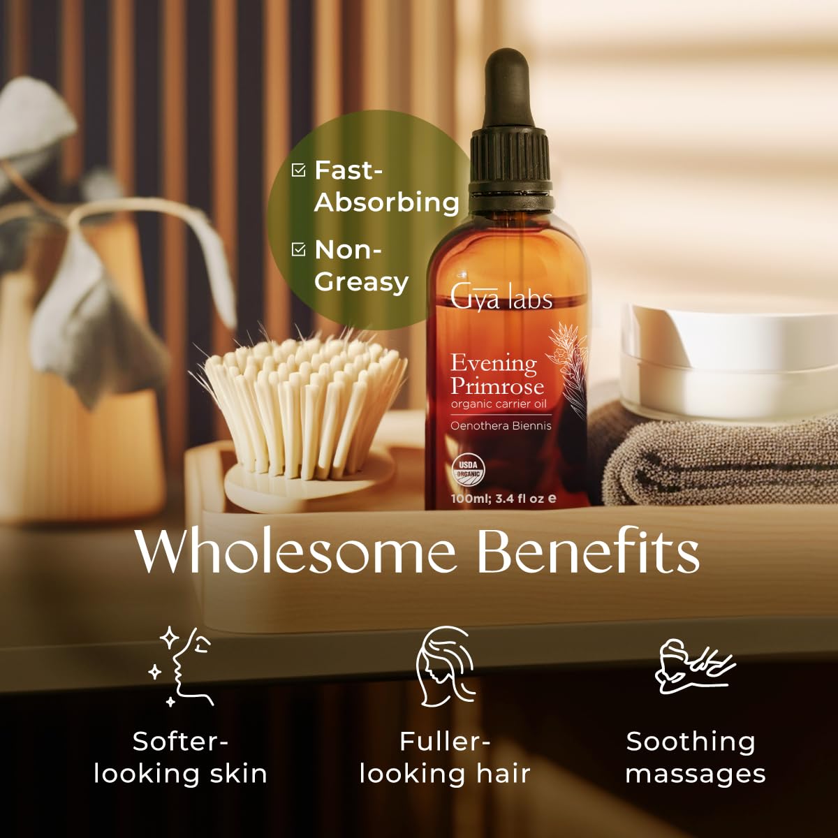 Gya Labs Evening Primrose Oil on skin demonstrates light hydration without greasiness