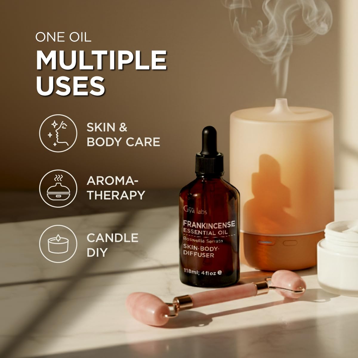 Gya Labs Frankincense Essential Oil candle making setup with aromatic notes.