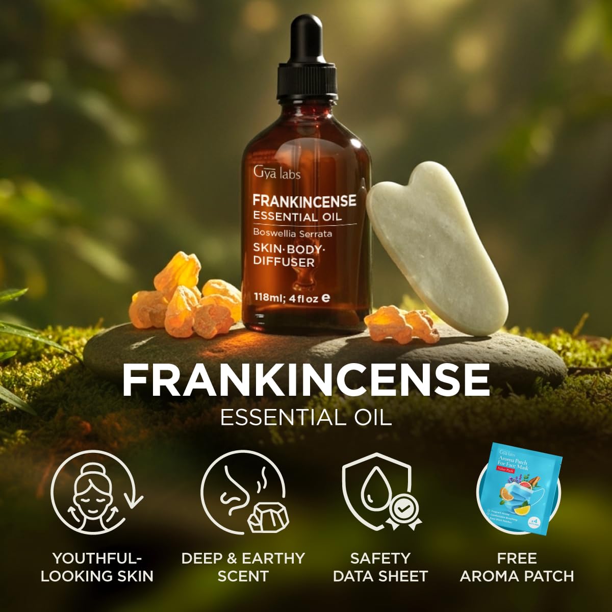 Gya Labs Frankincense Essential Oil packaging close-up highlighting quality.