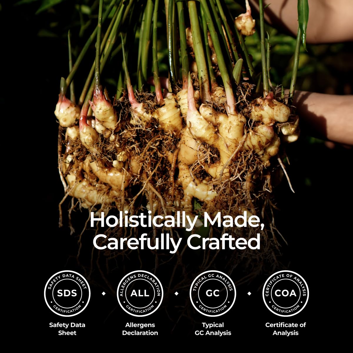 Gya Labs ginger oil enhances scent in candles and soaps with warmth.