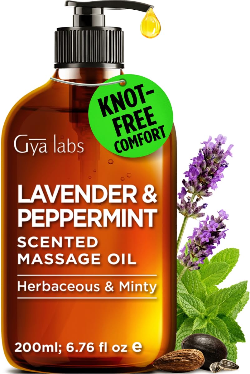 Gya Labs Lavender & Peppermint Massage Oil bottle delivering a smooth glide.