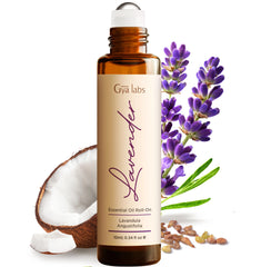 Gya Labs Lavender Roll-On bottle in amber glass for portable calming aromatherapy.