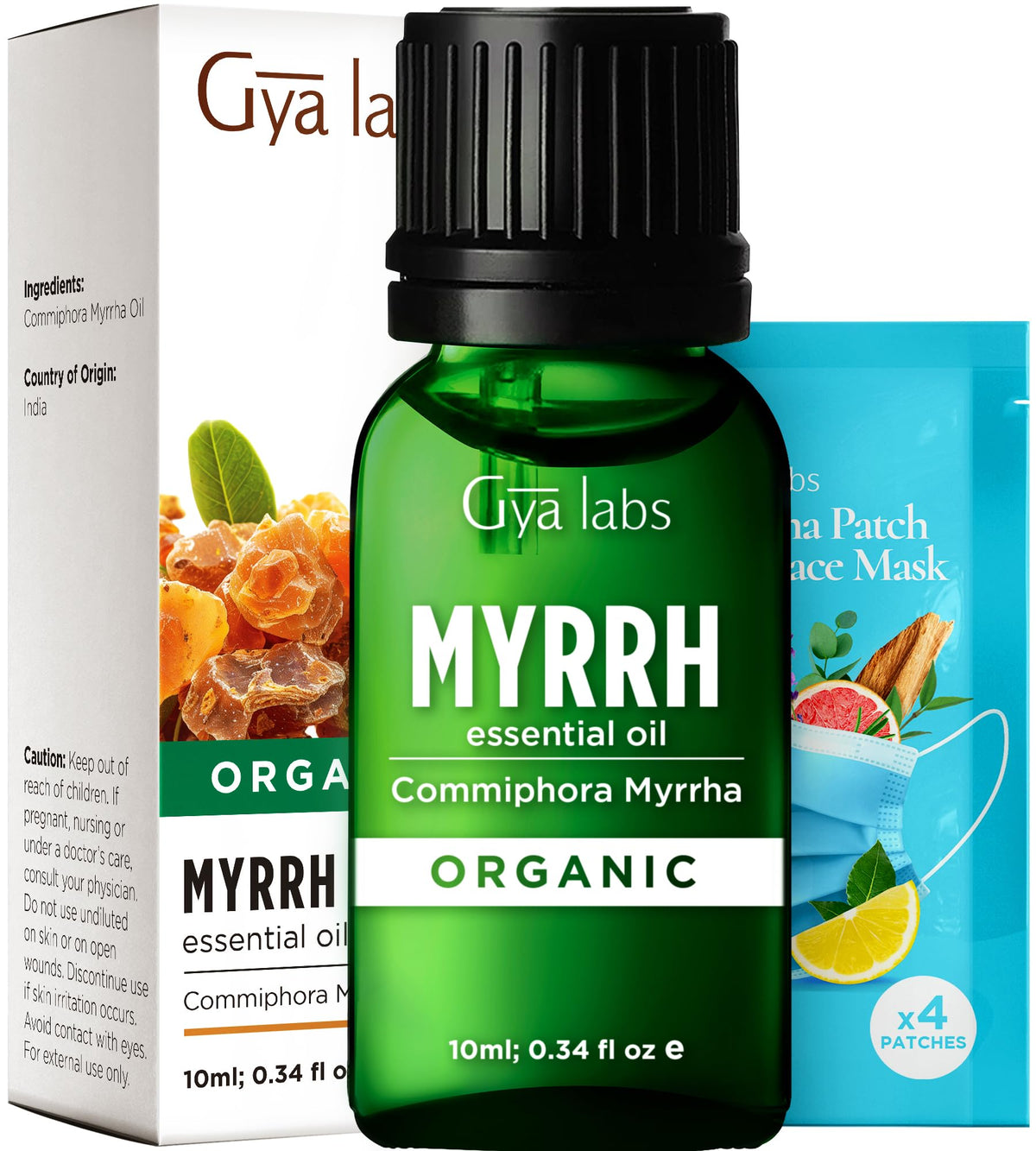 Gya Labs Organic Myrrh Essential Oil bottle showcases the product's compact packaging for skincare and diffusion.