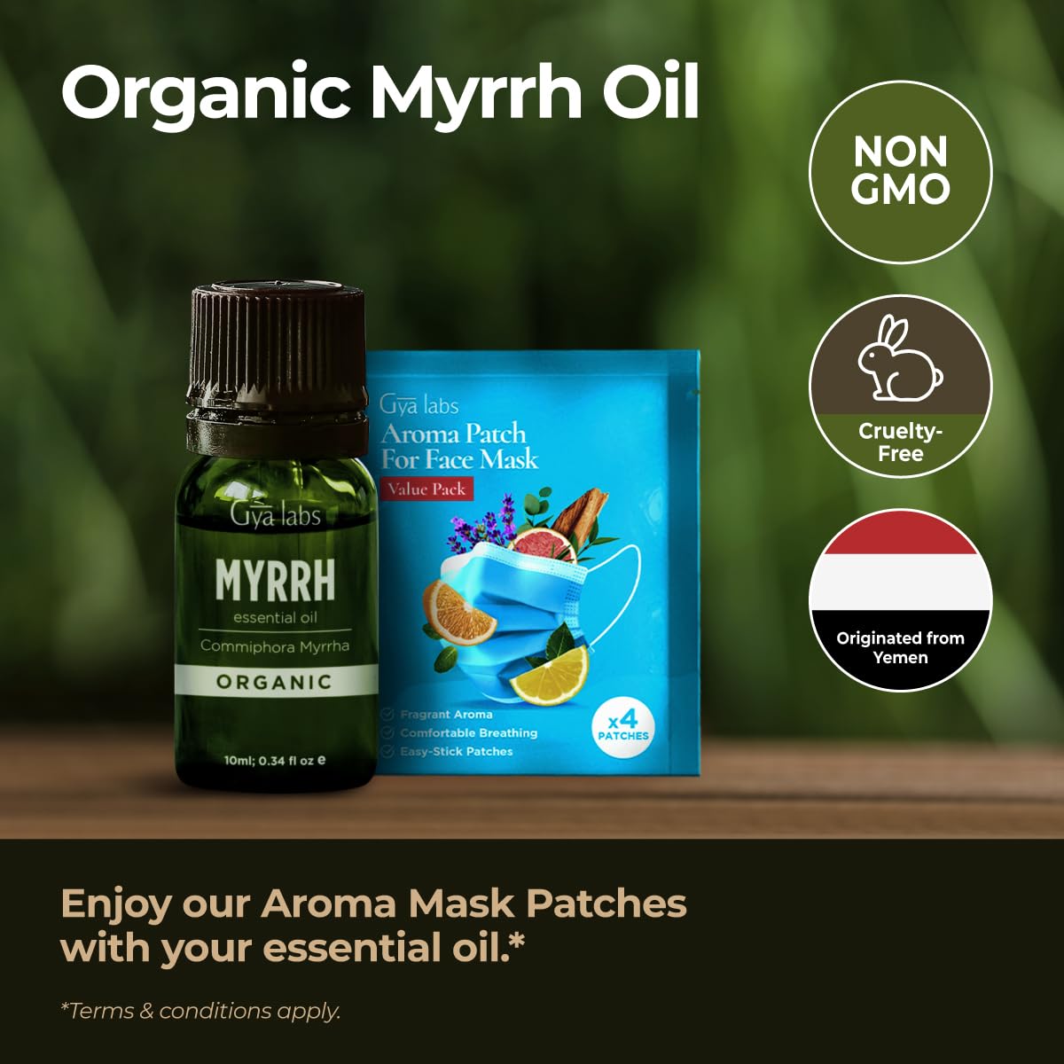 Gya Labs Organic Myrrh essential oil diffuser scene highlights a calming aroma in use.
