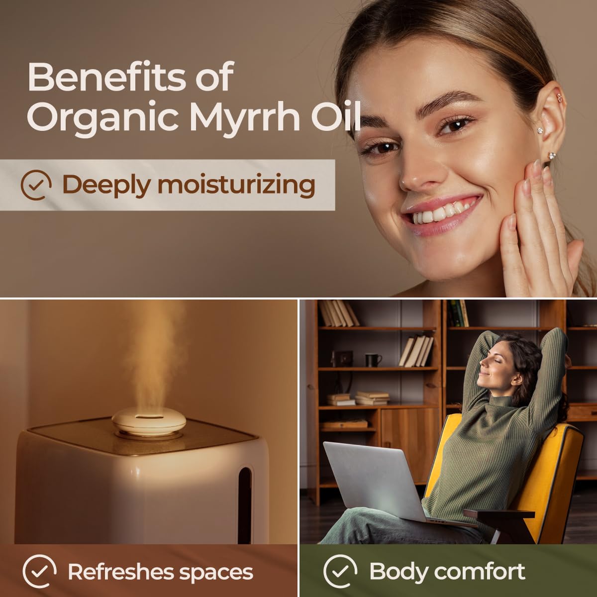 Gya Labs Organic Myrrh oil skincare routine image illustrates gentle application on skin.