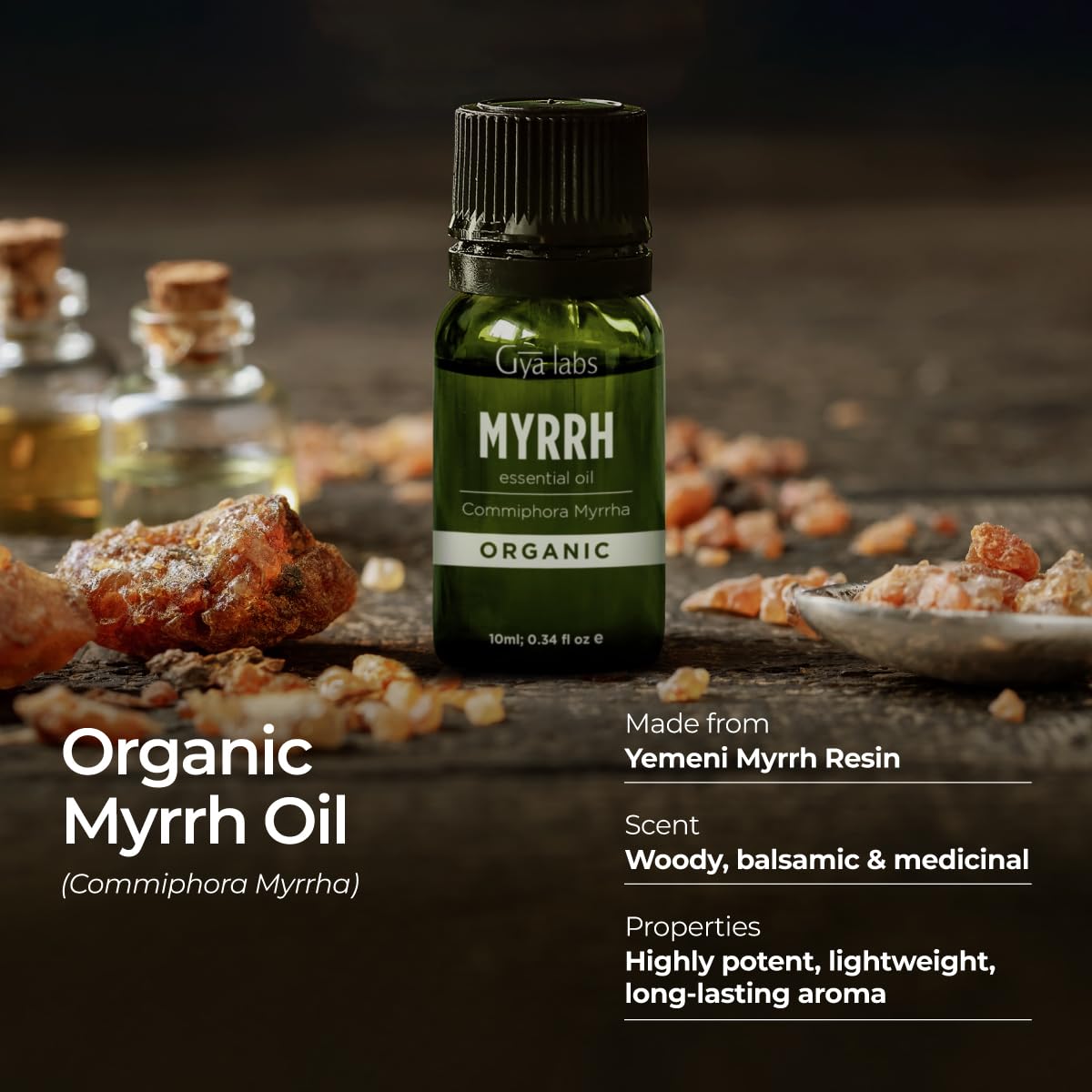 Gya Labs Organic Myrrh oil with carrier oil shows proper dilution for safe use.