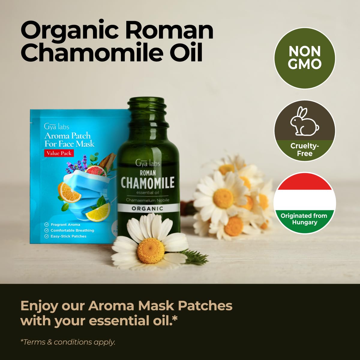 Gya Labs Organic Roman Chamomile oil diffuser drops creating a tranquil bedtime atmosphere