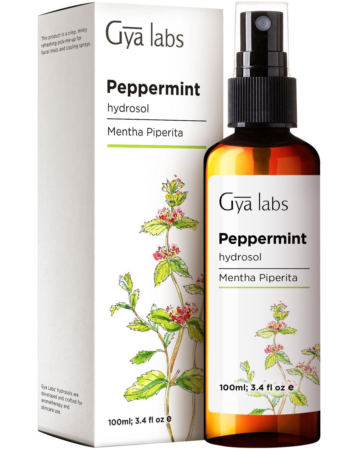 Gya Labs peppermint hydrosol bottle closeup for refreshing skincare and aromatherapy benefits.