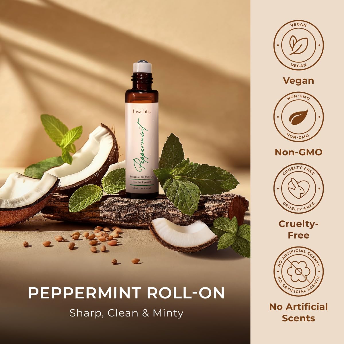 Gya Labs Peppermint Roll-On under the nose for quick minty rejuvenation.