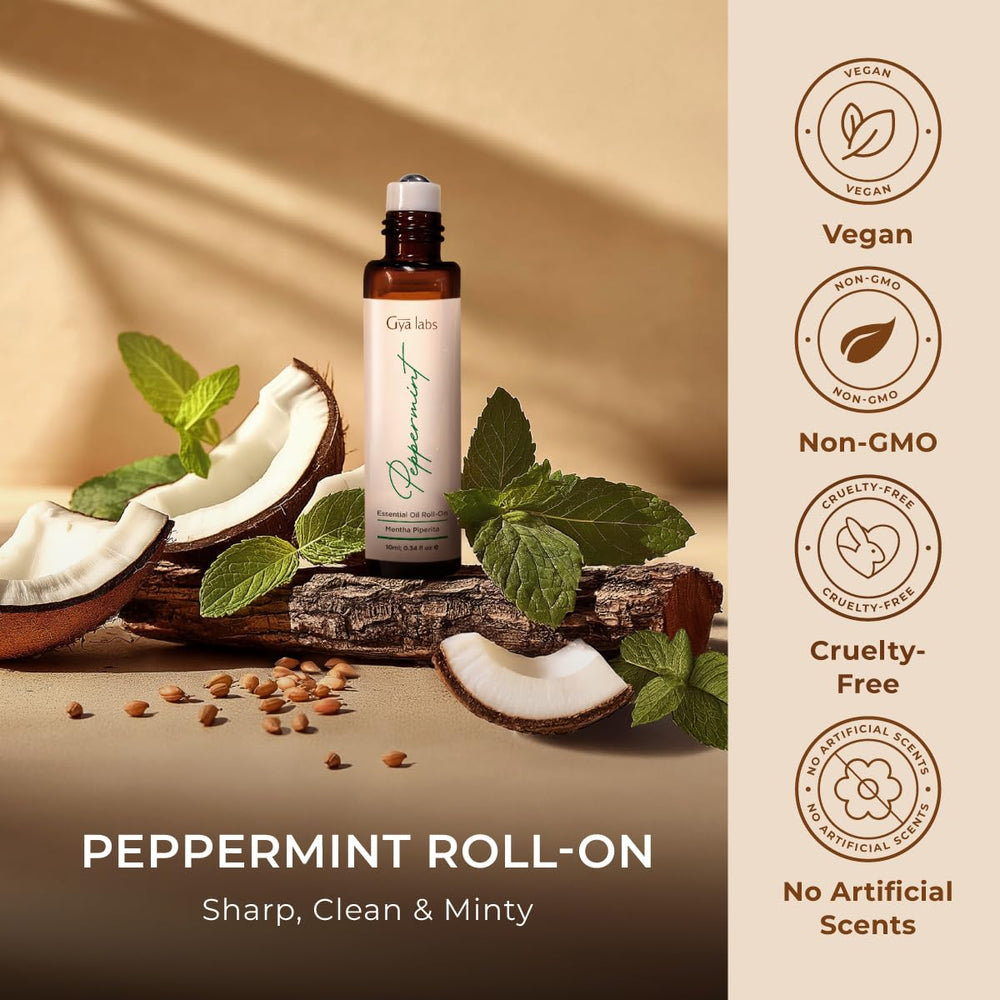 Gya Labs Peppermint Roll-On under the nose for quick minty rejuvenation.