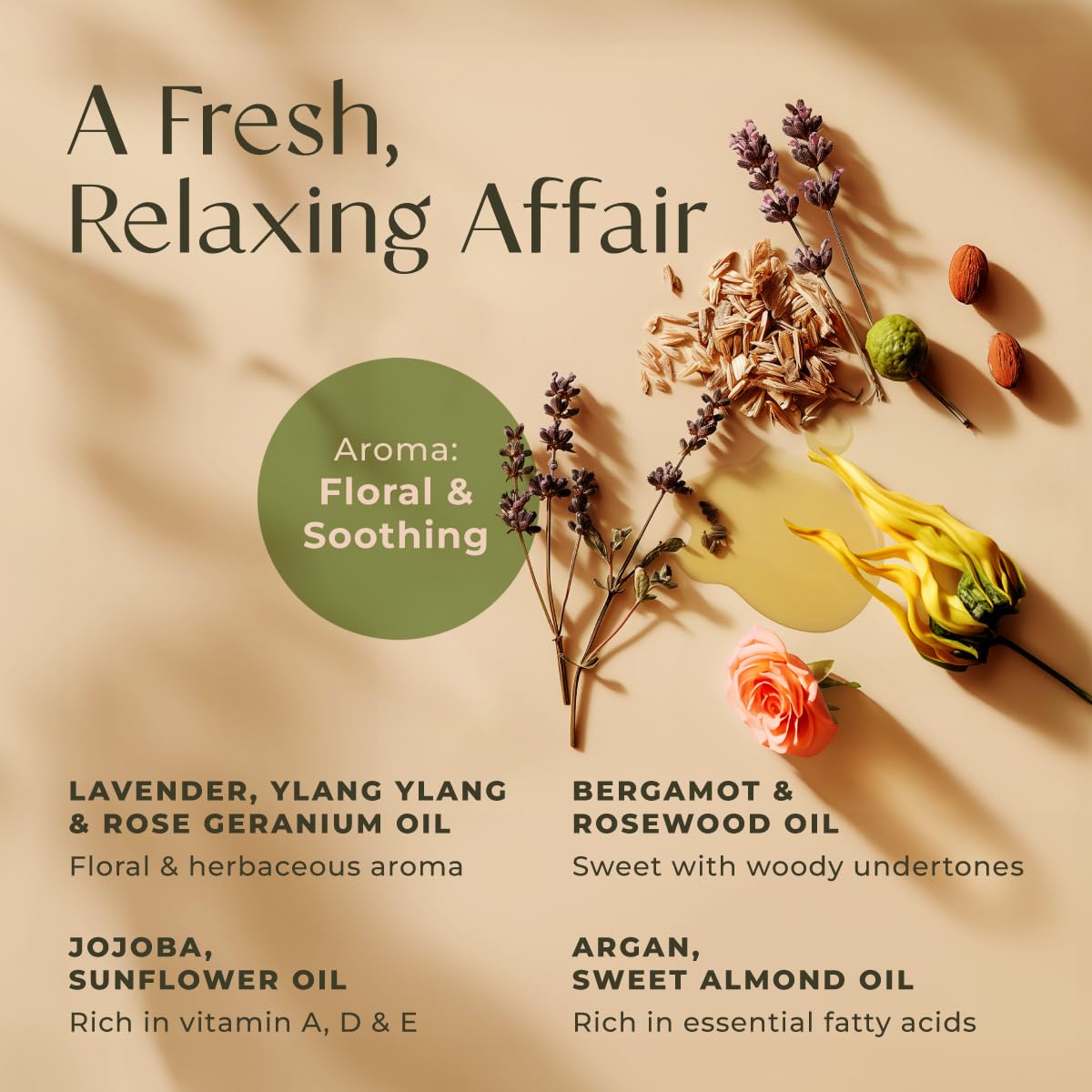 Gya Labs Relaxing Massage Oil with lavender notes beside lavender blooms for calming ambience