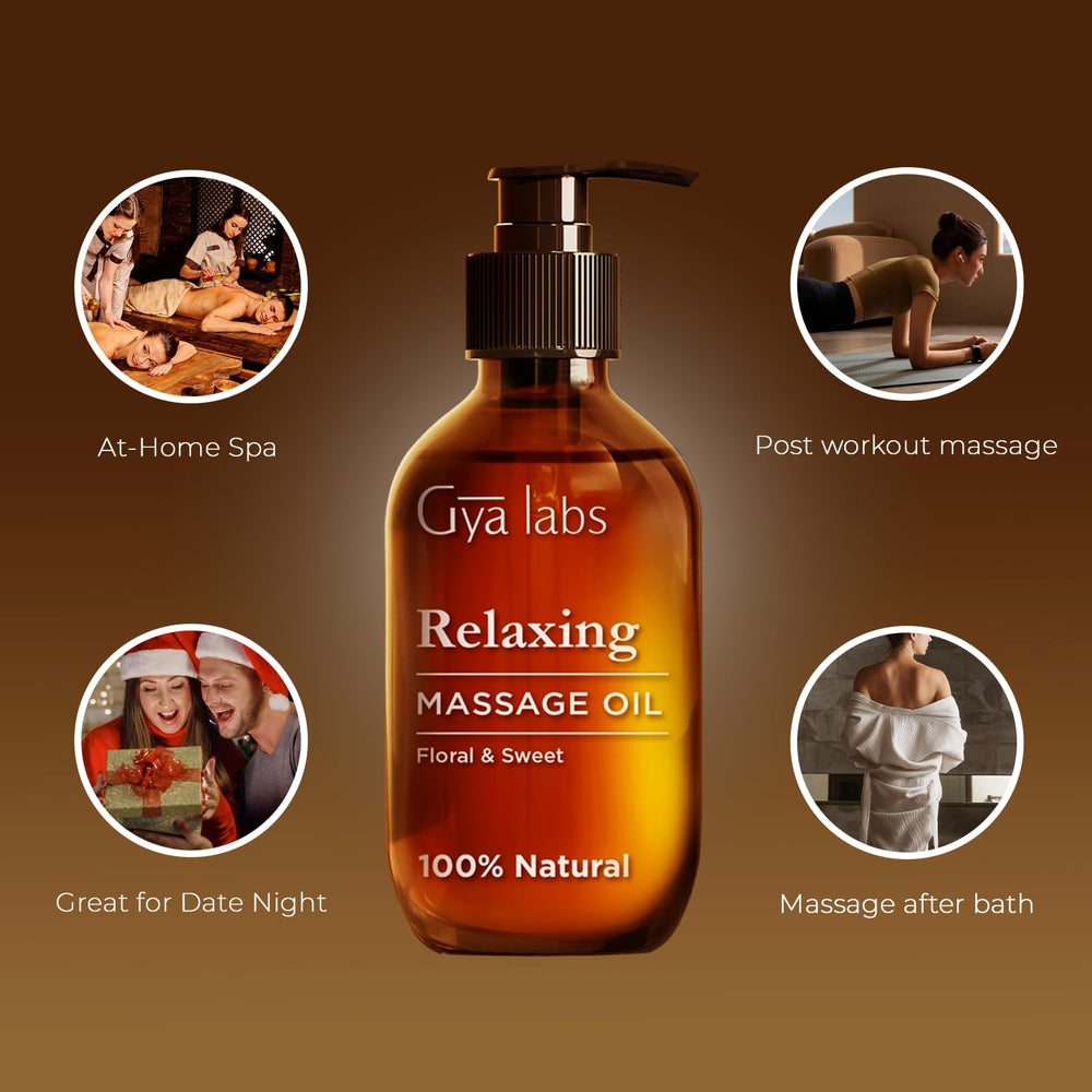Gya Labs Relaxing Massage Oil in a spa setting with calming ambiance