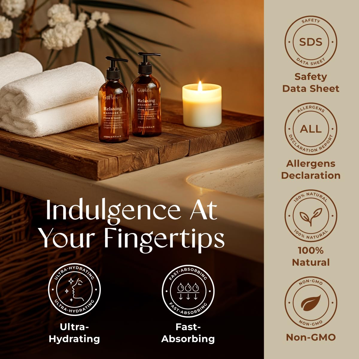 Gya Labs Relaxing Massage Oil warming scene with hands massaging neck and back