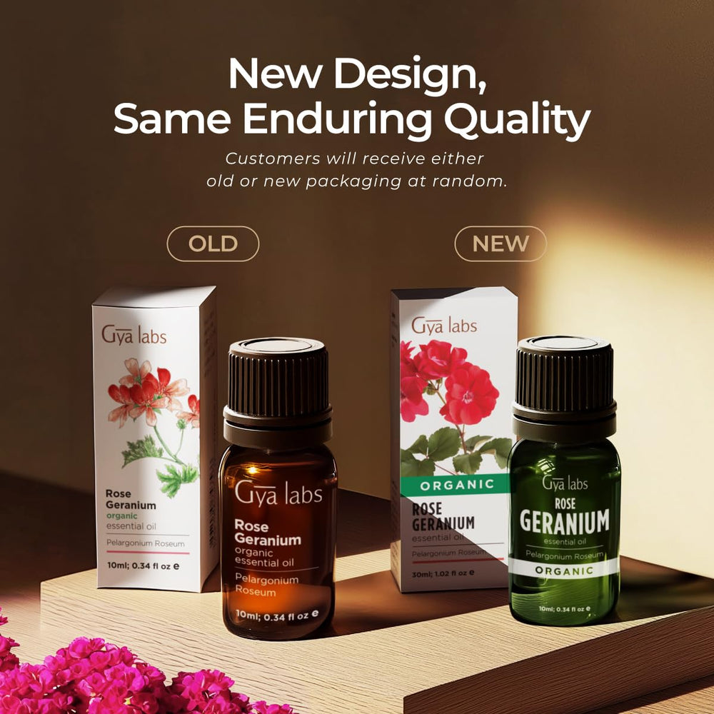 Gya Labs Rose Geranium Oil packaging tested for safety and purity.