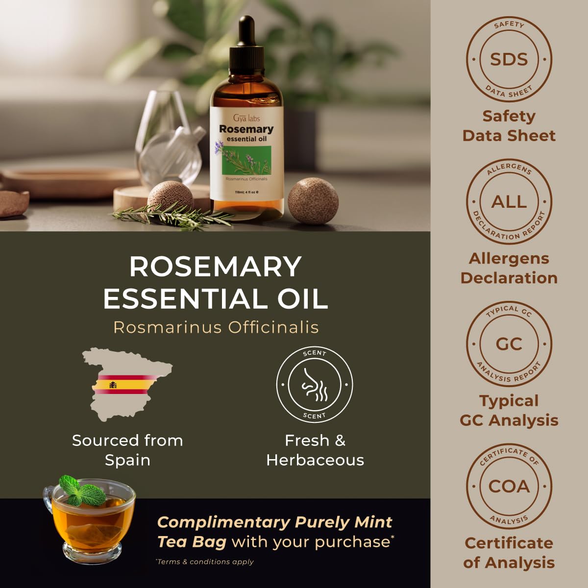 Gya Labs rosemary essential oil packaging showcases purity and quality.