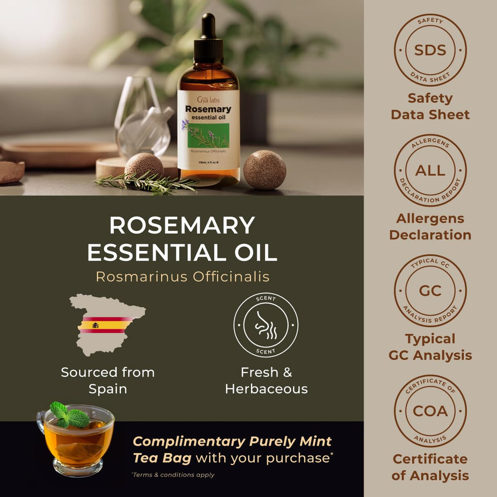 Gya Labs rosemary essential oil packaging showcases purity and quality.