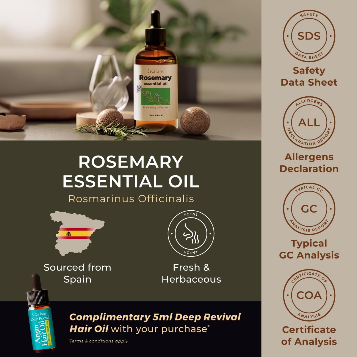 Gya Labs Rosemary Oil packaging highlighting purity and quality testing.