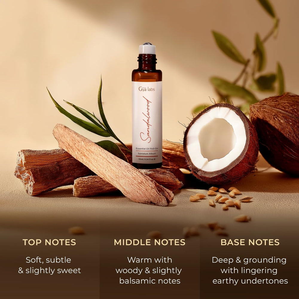 Gya Labs sandalwood roll-on being applied to skin for on-the-go use.