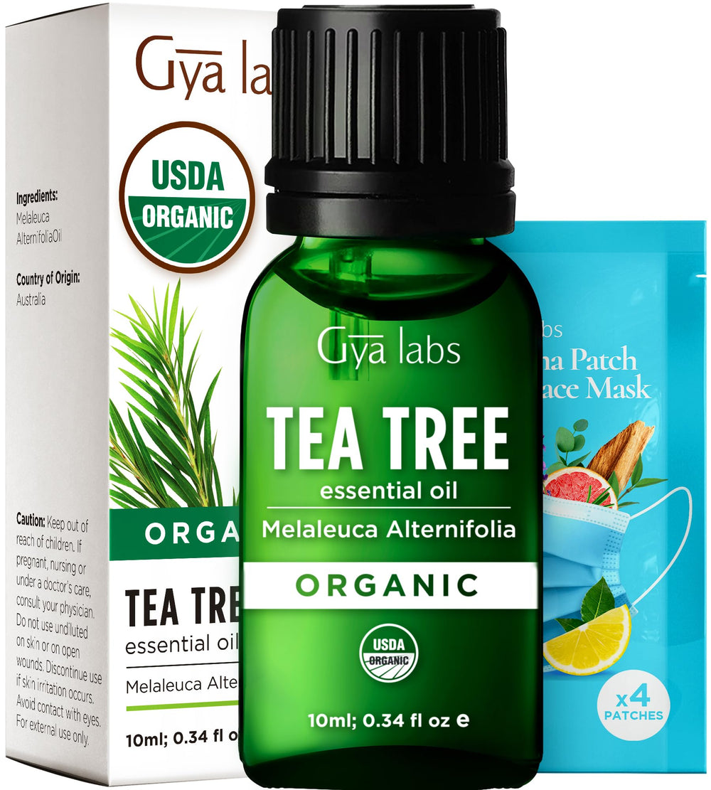 Gya Labs Tea Tree Oil bottle shows compact 0.34 oz size for on-the-go skincare and diffusing.