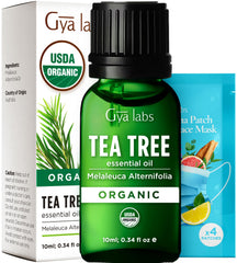 Gya Labs Tea Tree Oil bottle shows compact 0.34 oz size for on-the-go skincare and diffusing.