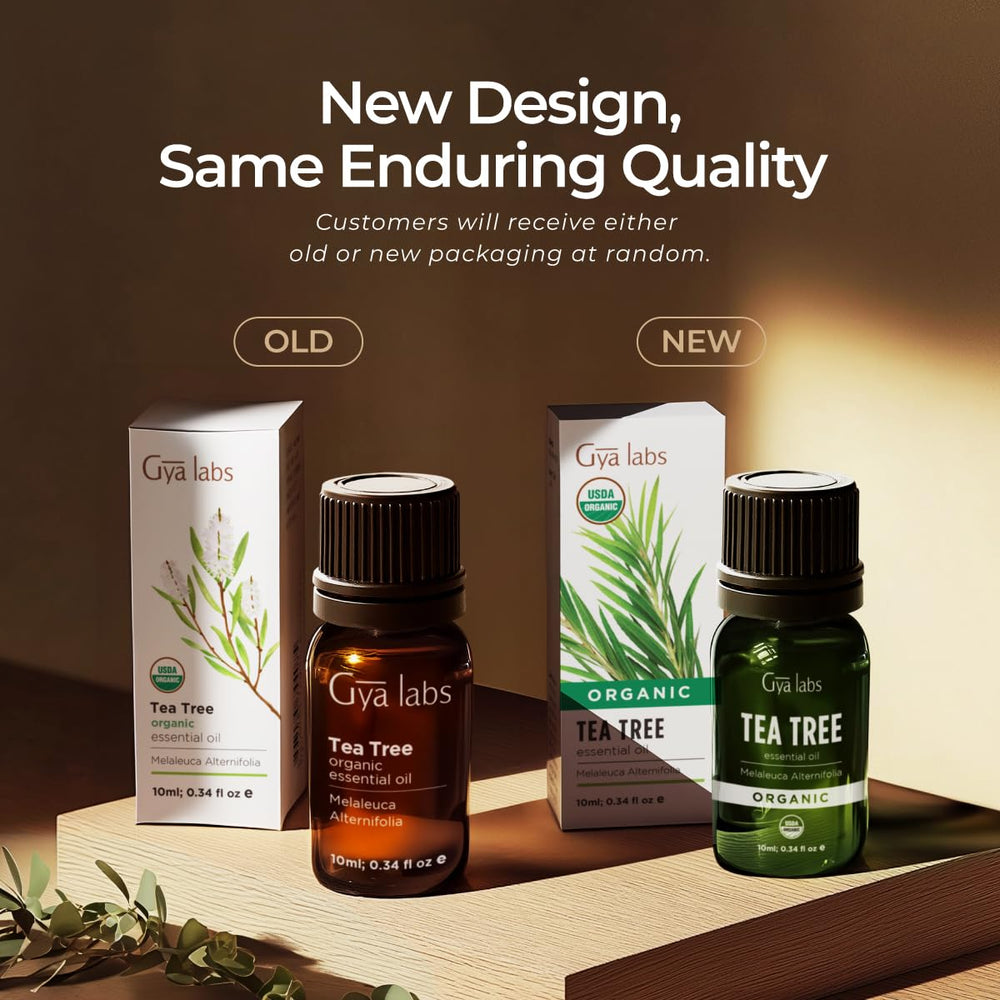 Gya Labs Tea Tree Oil with lemon blend suggests refreshing diffuser pairing.