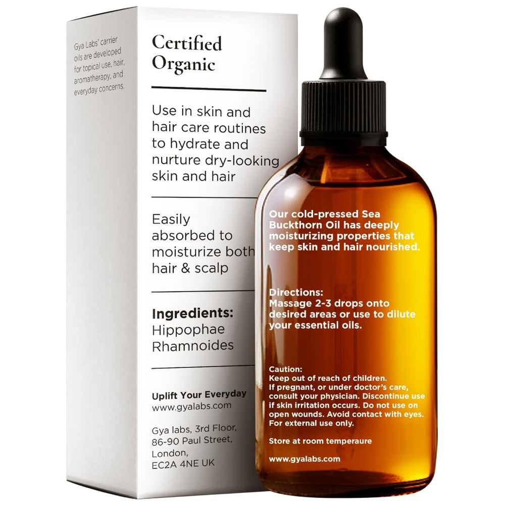 Gya Labs aceite de espino amarillo, aplicación facial para hidratación suave.