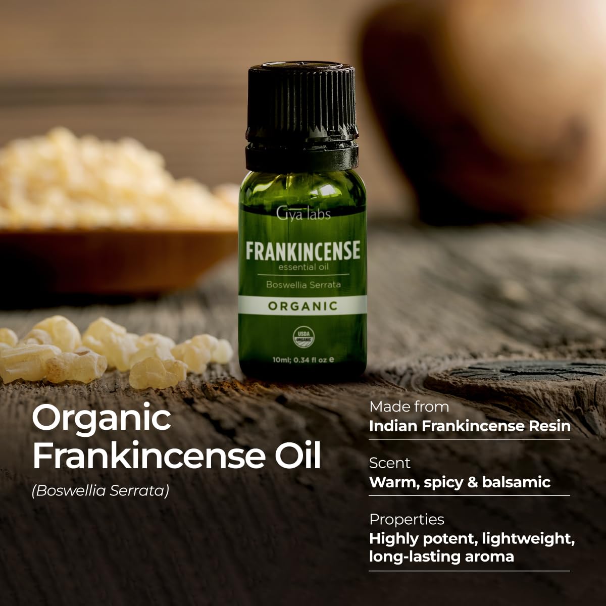 Gya Labs frankincense oil bottle diffusing scent in a cozy room.
