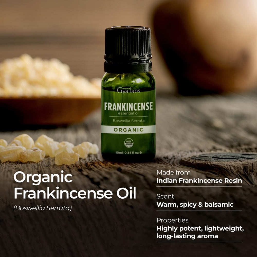 Gya Labs frankincense oil bottle diffusing scent in a cozy room.
